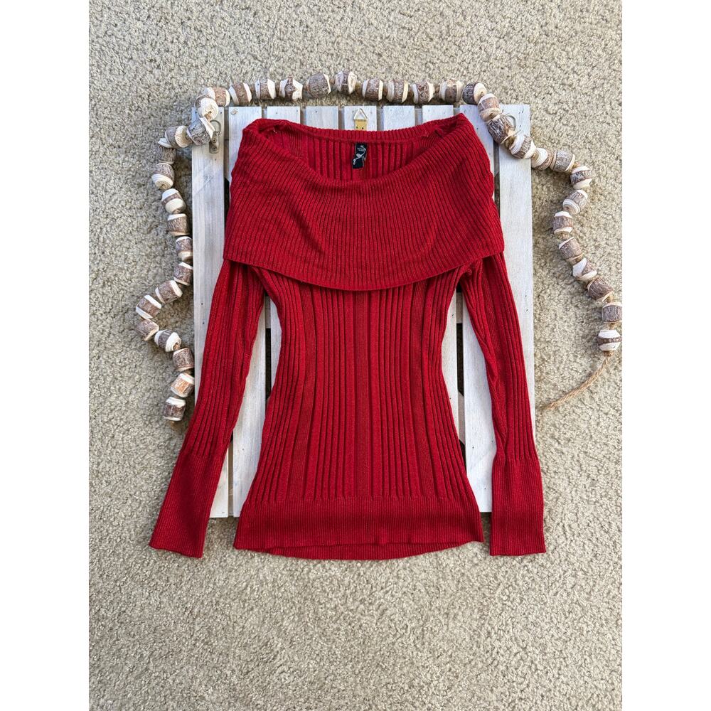 Vintage Y2K Red Glitter Shimmer Ribbed Cowl Off Shoulder Long Sleeve Sweater